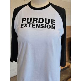 Front image of Purdue Extension baseball style tee