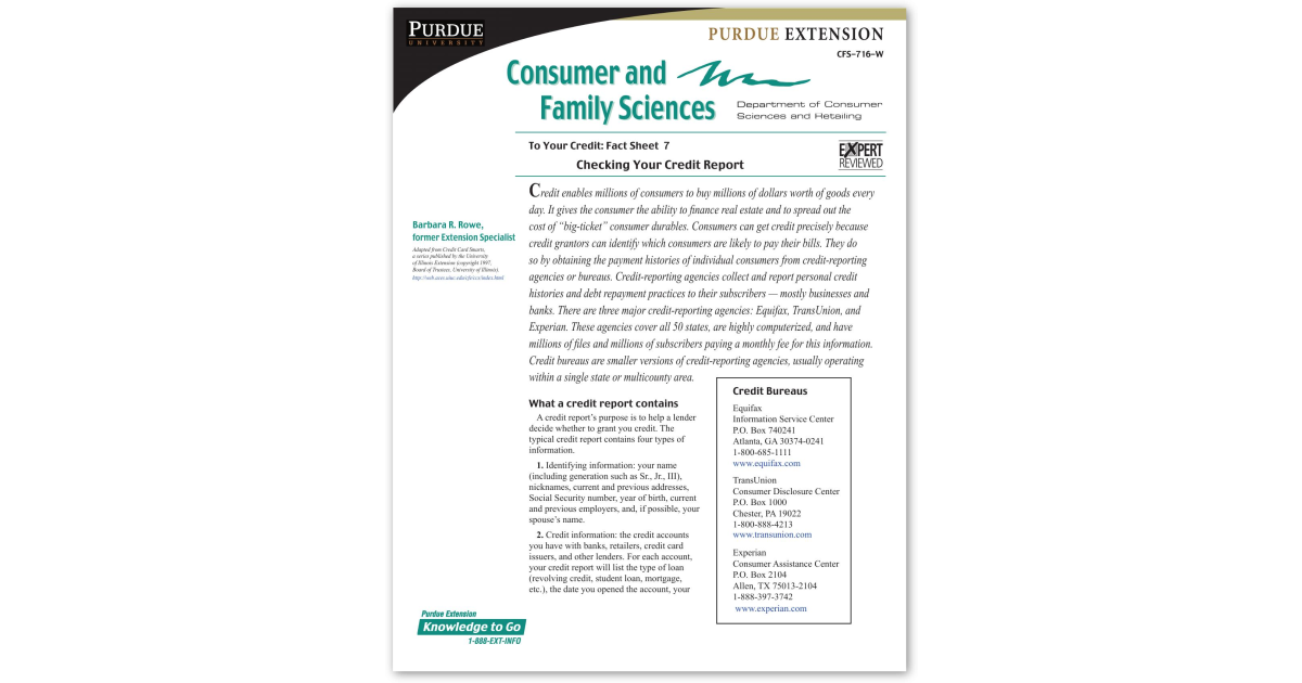 Cfs Course Report To Your Credit: Fact Sheet 7: Checking Your Credit Report