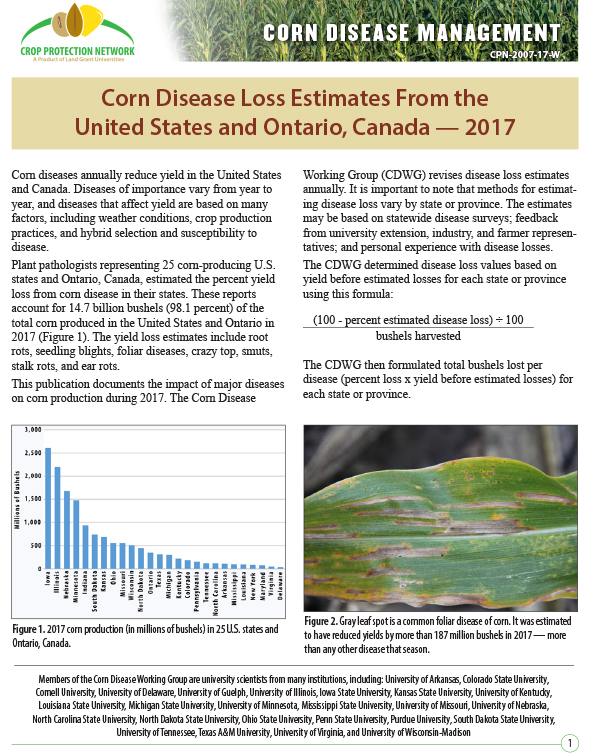 Corn Disease Management: Corn Disease Loss Estimates From the United States and Ontario, Canada -- 2017
